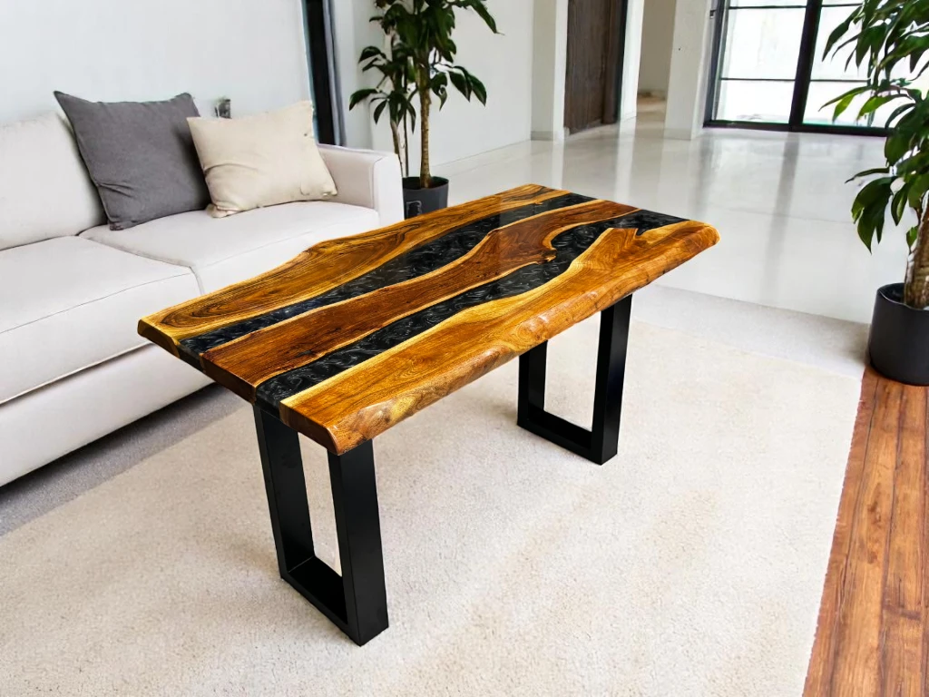 Live Edge Epoxy Dining Table Black with Metal Legs